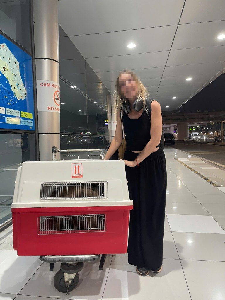 Pet owner at the airport with a travel crate before an international flight